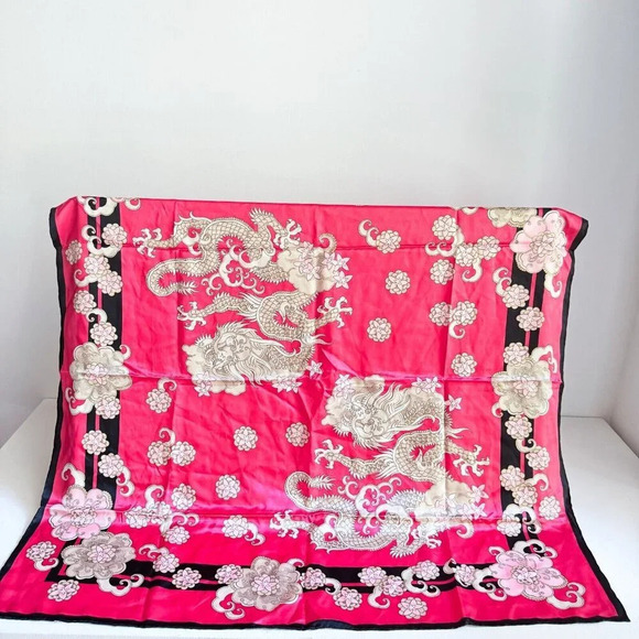Vintage Basler Pink Dragon Floral Print Hand Rolled edge Silk Scarf - Picture 2 of 7